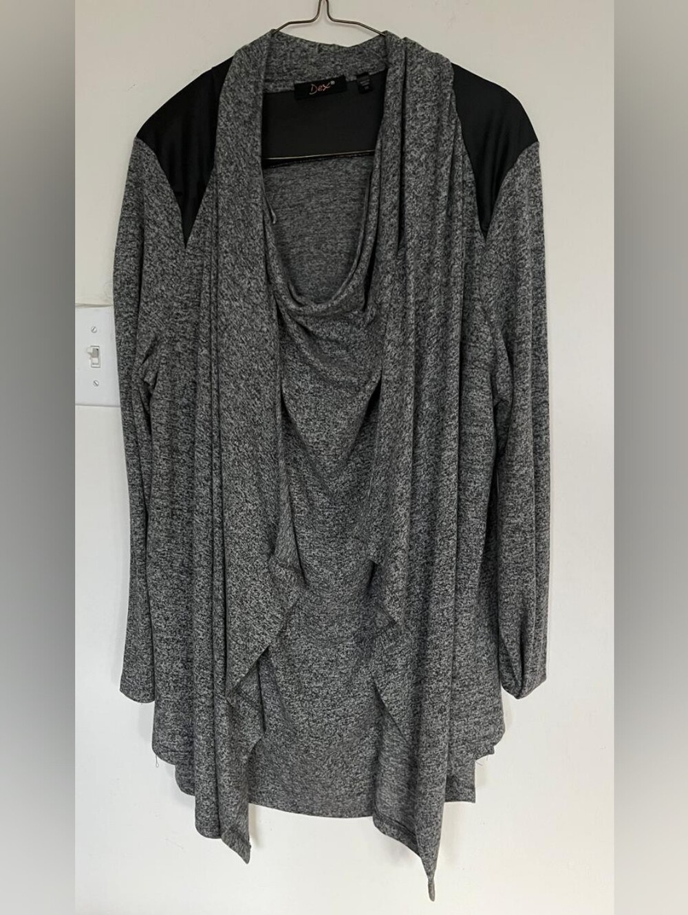 Like New Elegant Sit ,Gray Draped Open Front Cardigan with Same Color Top .